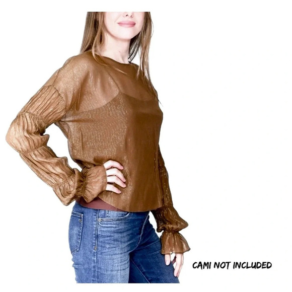 Amanda Uprichard Silk Blouse. Harvest Brown Metallic Gold. Semi Sheer. - Picture 8 of 11